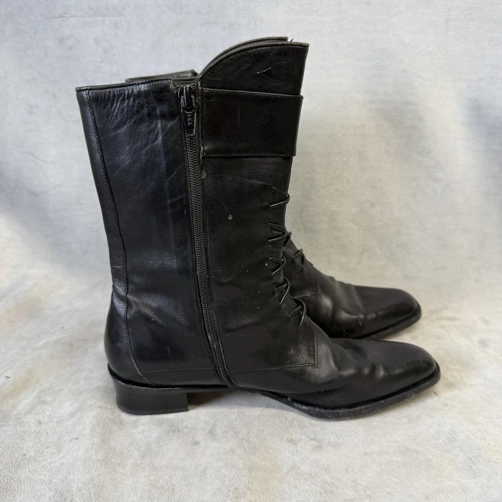 Via Spiga Boots Womens Size 7.5 Black Leather Lace Up Mid Calf Riding Italy